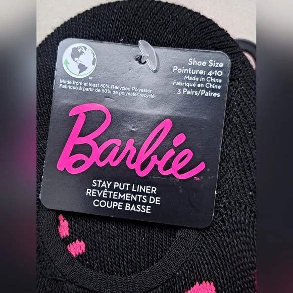 Brand New Ladies 3 Pairs Barbie Black and Pink Stay Put Liner; Shoe Size 4-10 - Picture 2 of 3